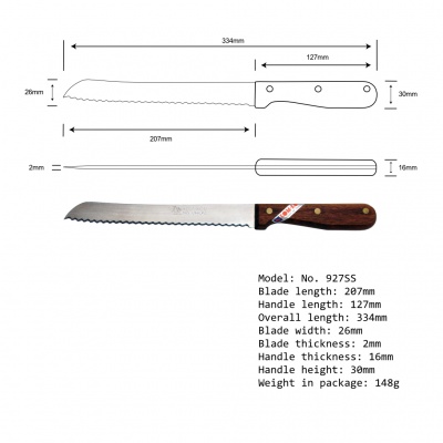 8'' Bread Knife Wood Handle (Single Serration)